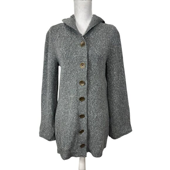 Prana Women's Fitted L Long Button Hooded Flare Sleeve Cardigan Sweater Gray - Picture 1 of 12